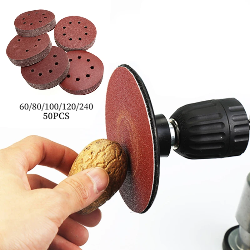 50PCS 5Inch 8 Hole Hook And Loop Round Sanding Disc Sandpaper 60-240 Grit Strong grinding force