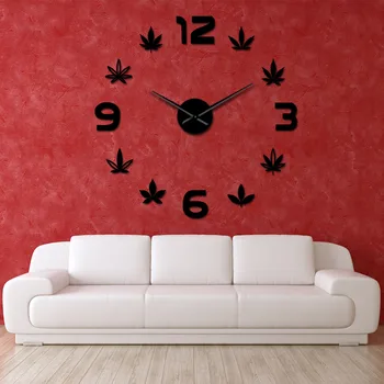 

Green Artistic Herbal Medicine Silent Quartz Wall Clock Marijuana Leaf DIY 3D Acrylic Mirror Effect Watch Saat Room Decor