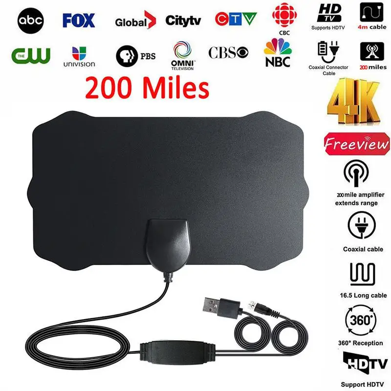 200 Miles Range Antenna TV Digital HD Skywire 4K Antena Digital Indoor HDTV 1080P with Signal Amplifier