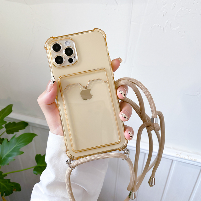 Lanyard Hang Strap+Card Holder Case For iPhone 11 12 Pro Max Mini XS 8 7 Plus X XR SE 2020 Shockproof TPU Wallet Cover