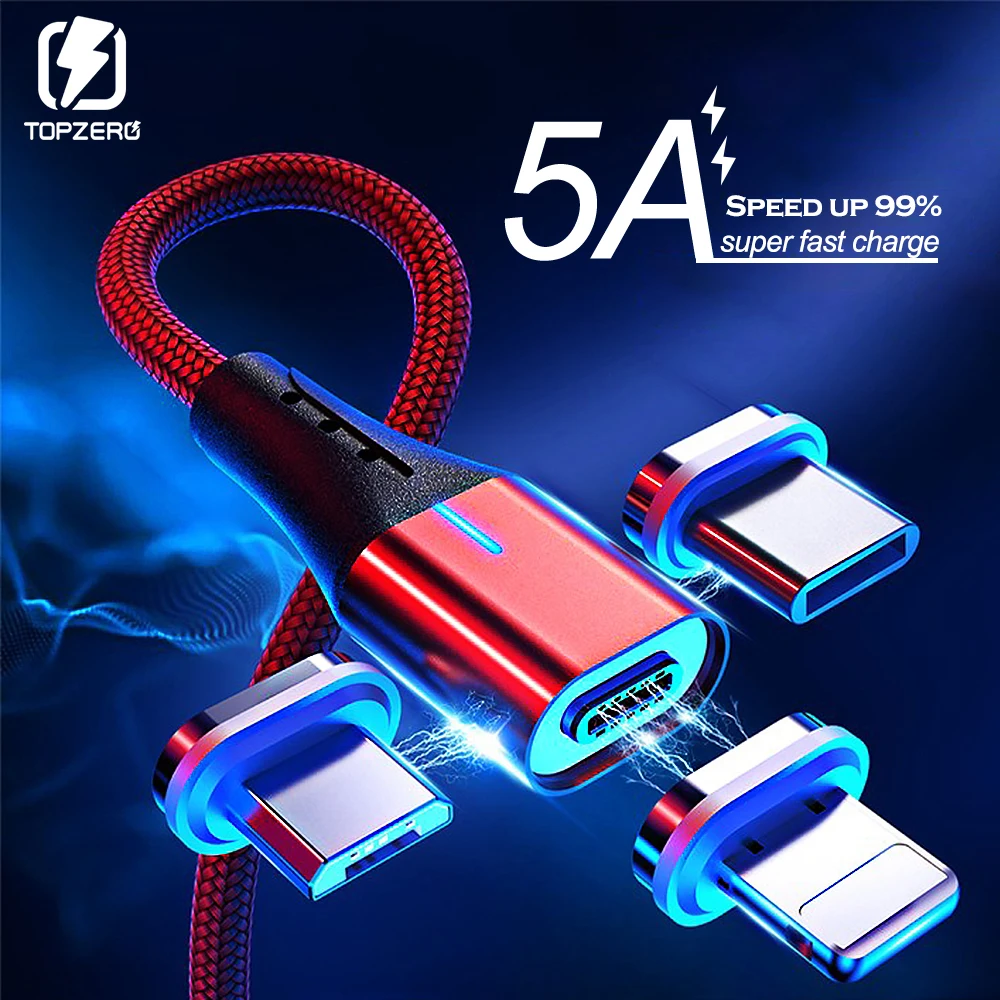 Магнитный usb кабель 5A Micro Type C для быстрой зарядки iPhone Xiaomi передачи данных