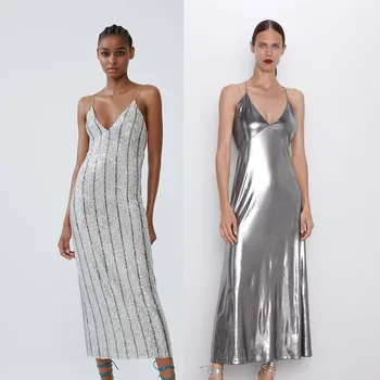 

Fashion Long Dress Women ZA Temperament Party Dress Sexy Slim Striped Sleeveless Halter Dresses Trendy Clothes 2019 New