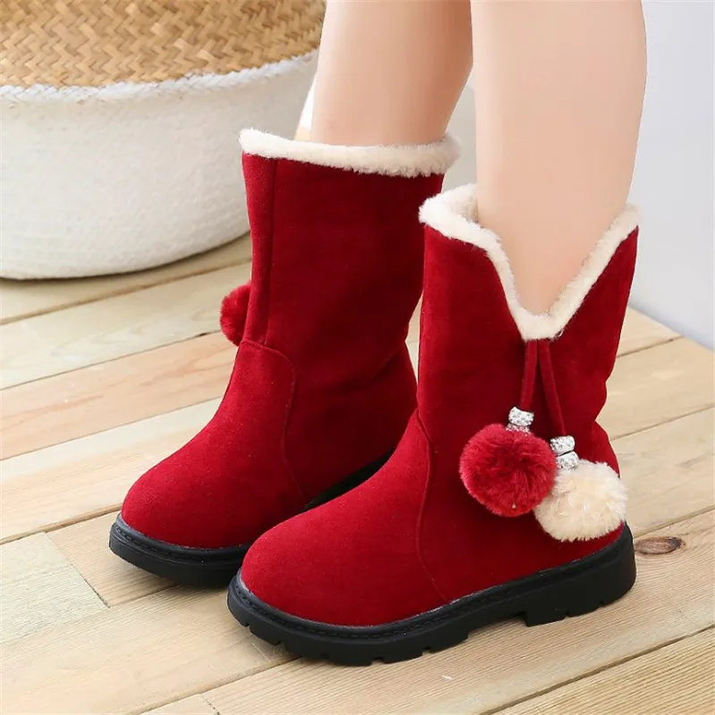 Милые ботинки для девочек с помпонами; толстая теплая детская обувь на меху; новая обувь для принцессы наивысшего качества; детские зимние ботинки из хлопка; сезон зима - Color: Red BB