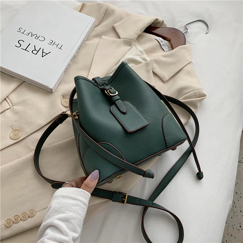 

Burminsa Vintage Soft Drawstring Bucket Women Bags Unique Design Mini Crossbody Bags High Quality PU Female Shoulder Bags 2020