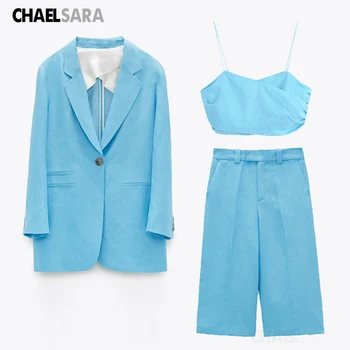 

Spring Autumn Linen Three Piece Set Women Blazer Jacket + High Waist Zipper Shorts+ Strap Tops Office Suits