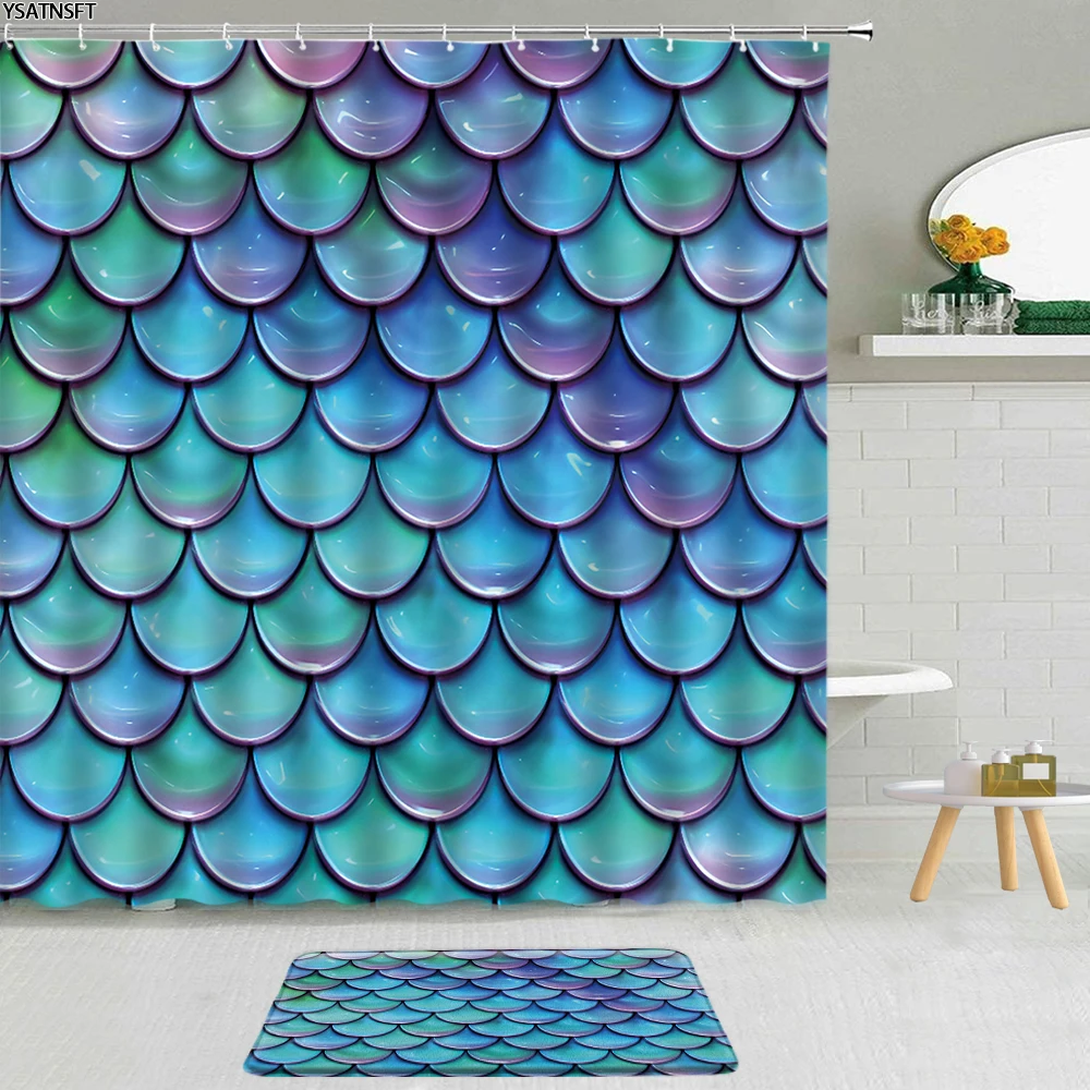 

2Pcs Blue Psychedelic Fish Scale Shower Curtain 3D Rainbow Mermaid Geometric Pattern Bathroom Curtains Non-Slip Bath Mat Set