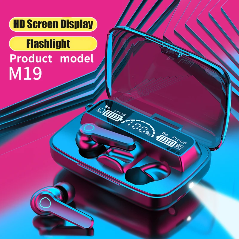 Tebaurry M19 Wireless Headphone TWS Sport Waterproof Bluetooth Earphone 5.1 HD Screen Display Stereo Headset with Flashlight