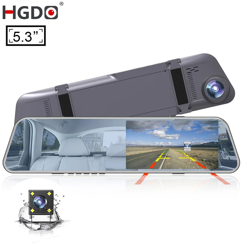 HGDO 5.3" Touch Car DVR Rear View Camera Mirror Dvrs 1080P Dash Cam Auto Registrar Video Recorder with 2 Cameras Parking Dashcam