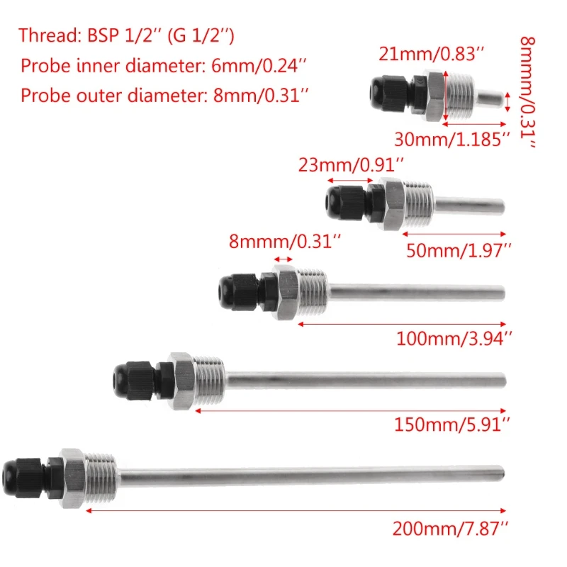 30-200mm Thermowell Stainless Steel 1/2" BSP G Thread For Temperature Sensor | Инструменты