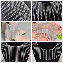 Fashion Long Tassel Crystal Rhinestone Trim Chain Silver Dense Diamond Fringe Metal Flower Pendant DIY Dress Garment Accessories