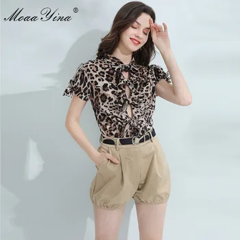 

MoaaYina Fashion Designer Set Spring Summer Women Short sleeve Leopard print Bowknot Shirt Tops+Shorts Elegant Two-piece set
