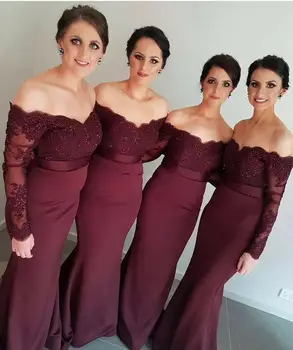 

Burgundy Cheap Bridesmaid Dresses Under 50 Mermaid Long Sleeves Appliques Beaded Long Wedding Party Dresses