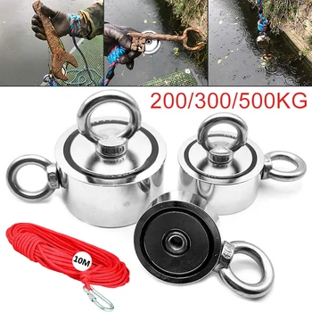 

200KG/300KG/500KG Powerful Round Neodymium Magnet Hook Salvage Magnet Sea Fishing Equipments Holder with 10M Rope
