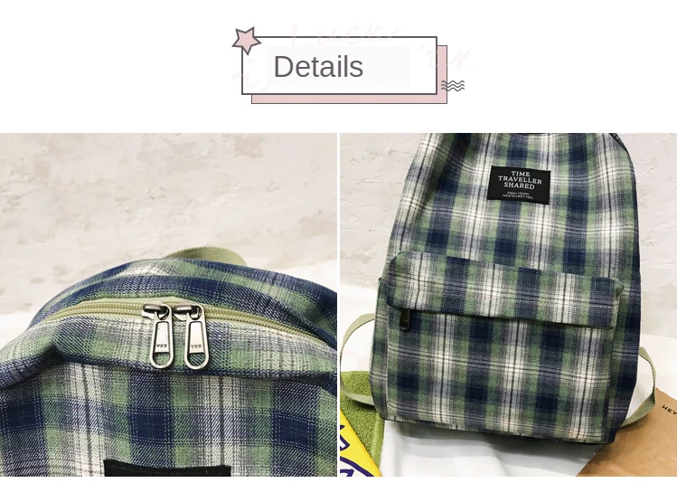 Fashion Plaid Canvas Women's Backpack Student Backpacks Teenage Girl School Bags Large Capacity Waterproof Travel Rucksack