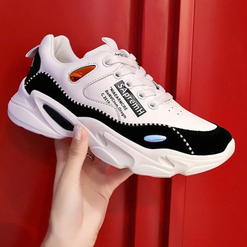

2019 Autumn Casual Shoes Woman Lace Up Vulcanize Shoes Platform Fashion Sneakers Leather Comfortable Women Running Chunky Shoes