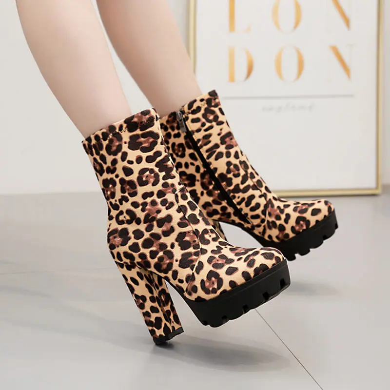 Donnain New Fashion leopard Platform Ankle Boots Women 12cm Thick Heel Platform Boots Ladies Worker Botas Mujer Invierno 2019