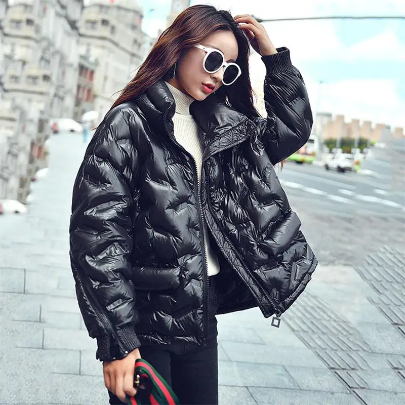black Women Winter Thick Warm Glossy Down Parkas Coats Female Stand Collar White Duck Down Jacket Waterproof Snow Outerwear N135 - Цвет: black