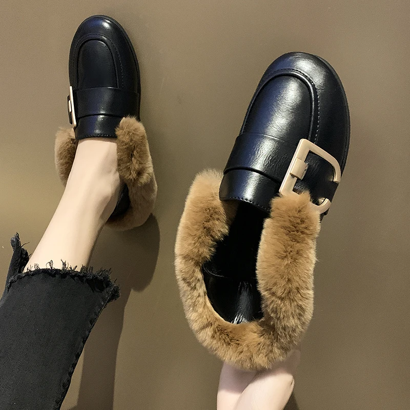 all match fur buckle slip-on moccasins winter new student outside casual loafers brand genuine rabbit hair warm women shoes