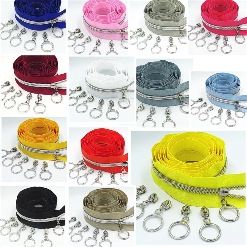 

10M 20Pcs Slider 5#Colored Silver Tooth Nylon Zipper Coil Code Decoration Luggage Garment Purse Bags DIY Home Sewing Accessories