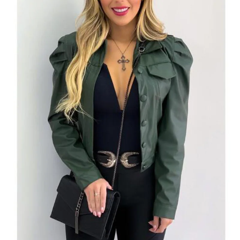 

Women Fashion Pu Leather Jacket Casual Puff Sleeve Single Breasted Slim Soft Faux Leather Jacket Office Lady Short Coat
