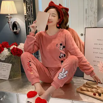 

Cute Mickey Pjs Women Pajamas Suits Winter Home Clothes Velvet Coral Pyjamas Plus Size Warm Flannel Pijama Mujer Set