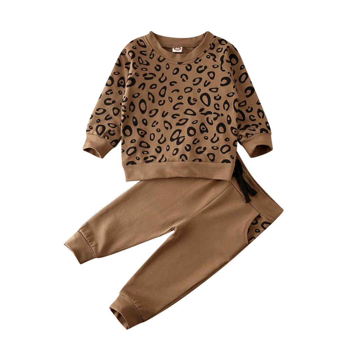 Комплекты зимней одежды для маленьких мальчиков и девочек с леопардовым принтом пуловер с длинными рукавами свитер+ длинные штаны - Цвет: Brown