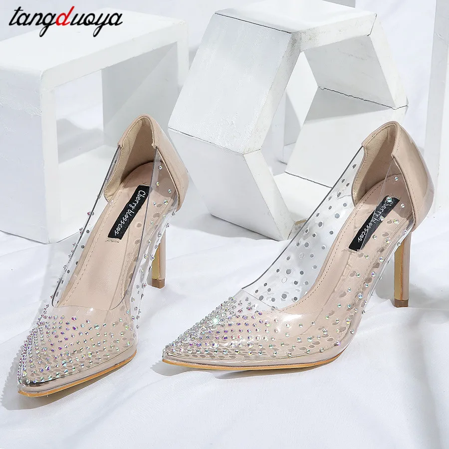 Zapatos de tacón alto con diamantes de imitación para mujer, tacones finos  con punta estrecha, tacón transparente - AliExpress Calzado