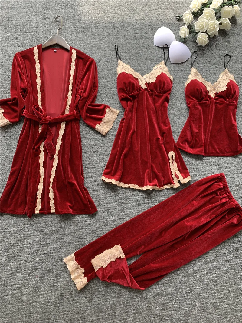 Пижамы, кружевные пижамы, женские пижамные комплекты большого размера, Женская домашняя одежда, пижамы, зимние пижамы, Золотая Бархатная Пижама Mujer, 4 шт - Цвет: Red