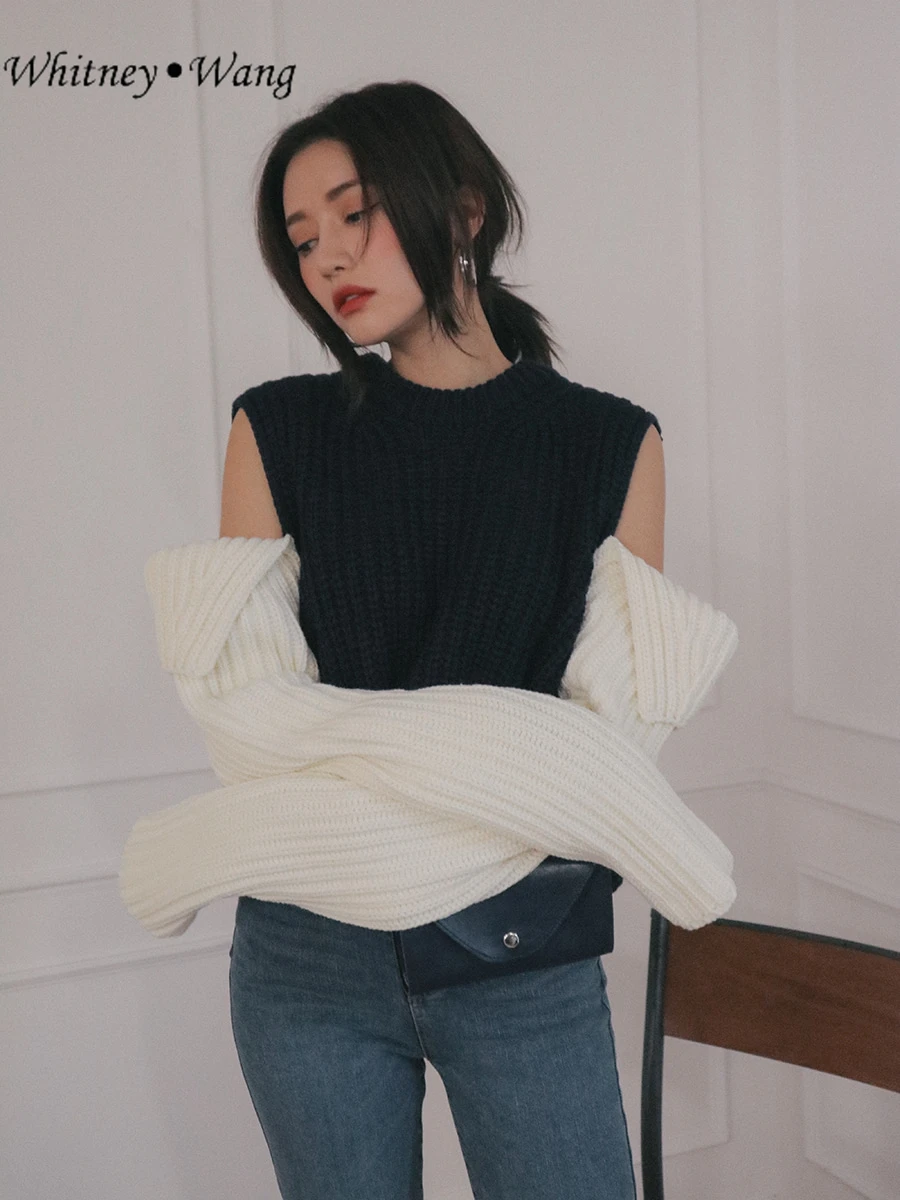 WHITNEY WANG модная уличная одежда с вырезами на плечах контрастный свитер женский джемпер sueter mujer invierno