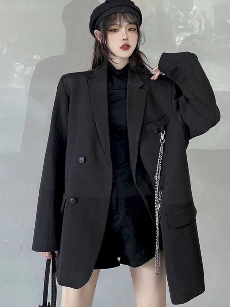 special occasion pant suits New Suit Jacket Women's Trendy Dark Black Retro Loose And Thin Fried Street Suit Jacket Women 2022 Spring And Autumn Loose A plus size dressy pant suits