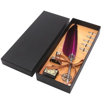 

Fountain Pen Gift Box Home Calligraphy Birthday Retro Style Collection Natural Feather Writing Stationery European Quill Office