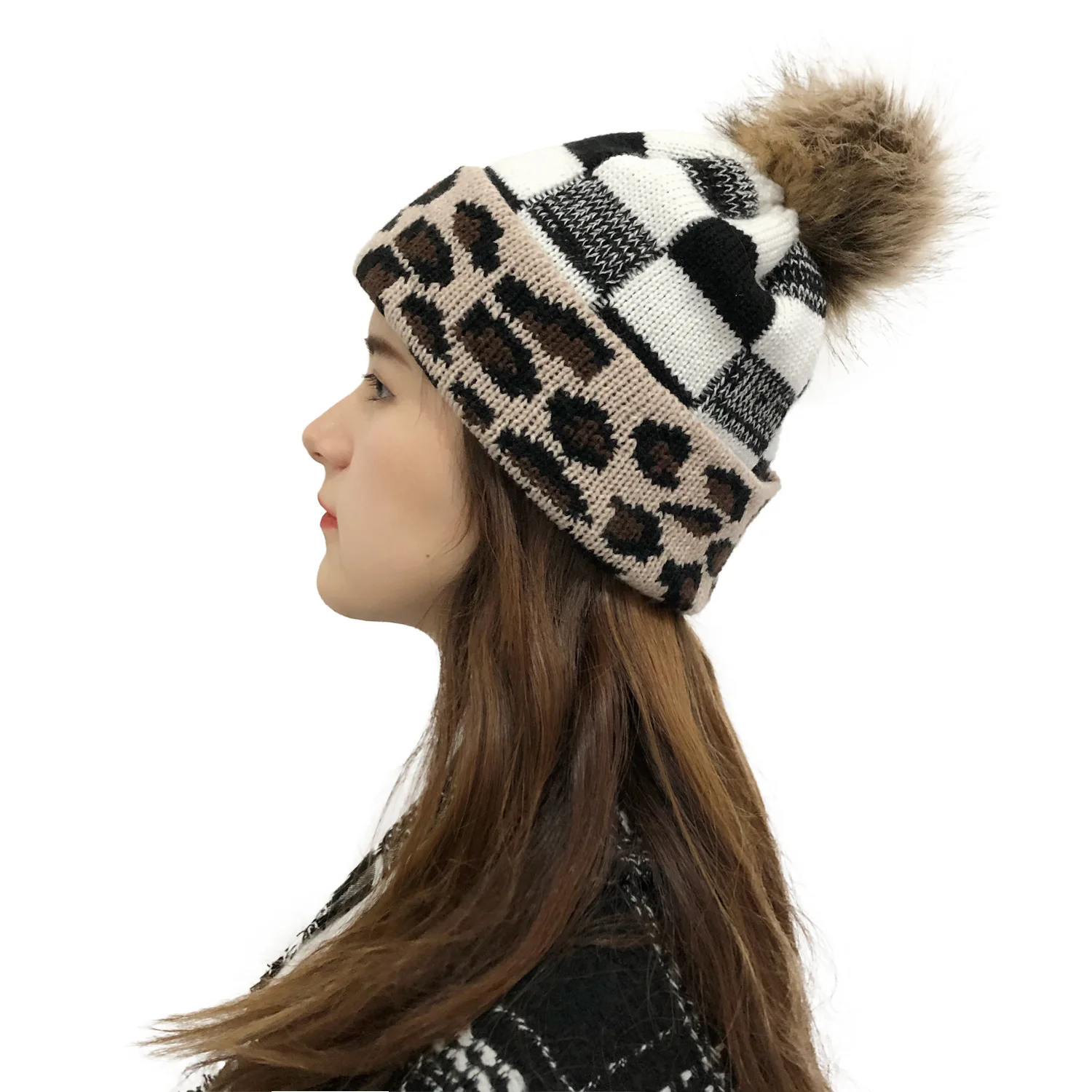 Womens Beanie Leopard Warm Knit Faux Fur Pom Cuff Beanies Hat Knit