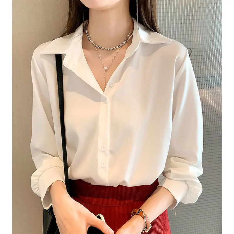 

Elegant Chiffon Blouse for Women, Long Sleeve Top, Buttoned Shirt, White, Pink, Blue, Black Party, Office Lady, Casual, Loose