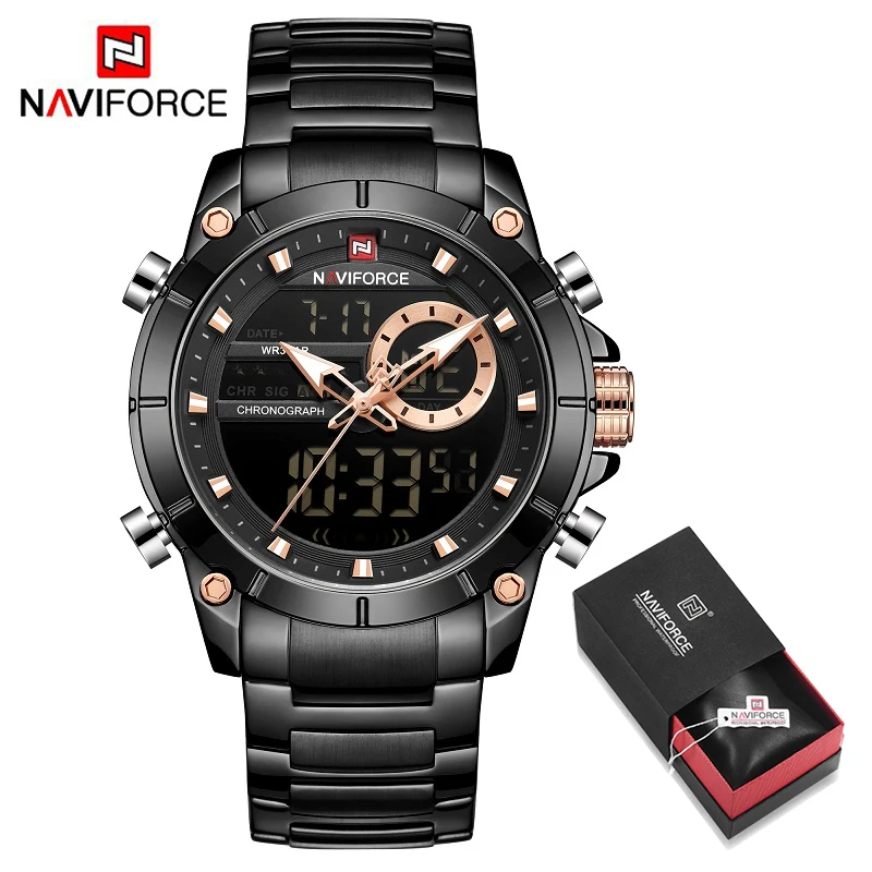 Black in Box NAVIFORCE, мужские военные модные часы, синяя сталь, водонепроницаемые, двойной дисплей и кварцевые наручные часы, мужские часы, Relogio Masculino - Цвет: Black in Box