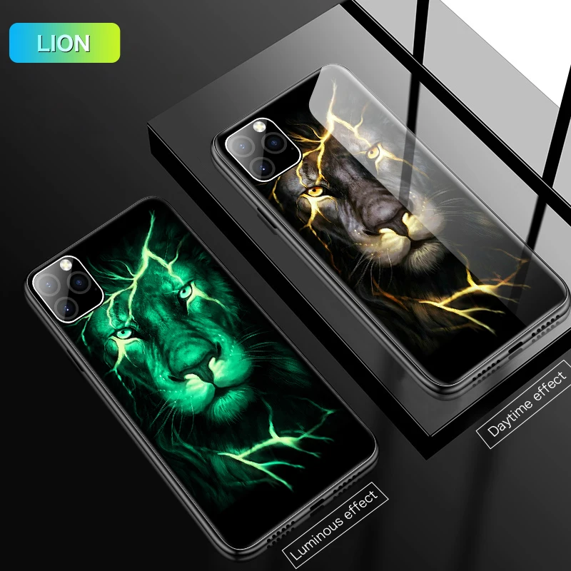 Лев Феникс Волк тигр чехол в виде светящегося стекла для iPhone 11 Pro Max XSmax XR XS X 8 7 6s 6 Plus Роскошный чехол для телефона - Цвет: Lion