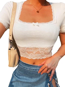 

Women Bow Crop Top Short Sleeve Square Collar Lace Pullover Summer Sexy Exposed Navel Solid Color Clothes