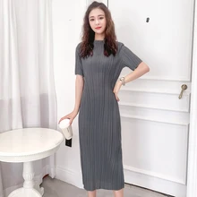 Special Pleats Women Office Summer Dress Round Neck Sleeveless Solid Color Vestidos Simple Casual Long Dress for Elegant Lady