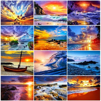 

HUACAN Full Square Diamond Painting Sunset Landscape 5D DIY Diamond Embroidery Seaside Home Decoration