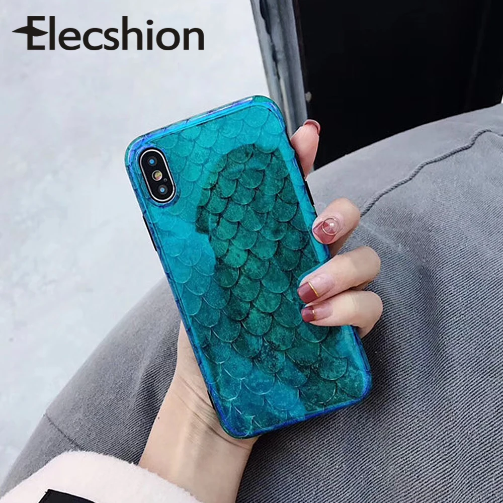 

Elecshion Blue Ray Case For iPhone 6 7 8 Plus Green Phone Protection Coque For iPhone 6 7 XR XS Max Fashion Covers Mermaid Case