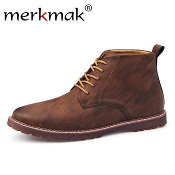 

Merkmak High Quality Vintage Genuine Leather Men Shoes Winter Autumn Footwear Lace Up Casual Shoes Men Flat PU Ankle Boots