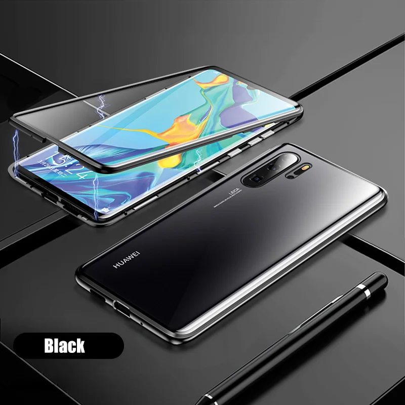 Магнитный чехол для телефона huawei P30 Pro p 30 lite светильник 30pro двухсторонний чехол из закаленного стекла honor 20 pro on honer 20 coque - Цвет: black