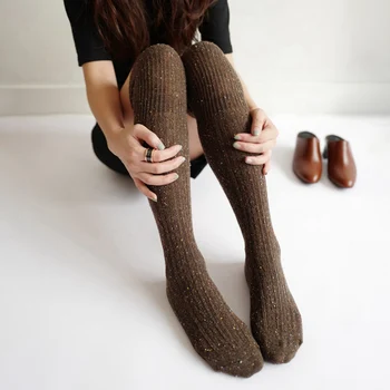

1 Pair Fashion Warm High Over The Knee Socks Women's Turn Up Rib Dot Wool Blend Solid Long Knee High Winter Boot Socks