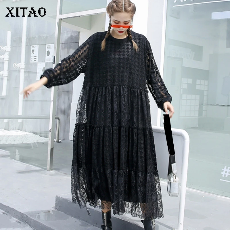 XITAO Black Lace Dress Women Loose Fashion Hollow Out 2020 New Autumn Full Sleeve Elegant Plus Size Dress Goddess Fan ZP2780 XITAO Black Lace Dress Women Loose Fashion Hollow Out 2020 New Autumn Full Sleeve Elegant Plus Size Dress Goddess Fan ZP2780