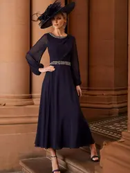Vintage Plus Size Mother Of The Bride Dresses 2022 A Line Scoop Long Sleeve Chiffon Beaded Short Groom Of Mother Dresses