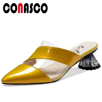 

CONASCO Fashion Elegant Concise Women Sandals Genuine Leather Pumps Slippers Mules 2020 Summer New High Heels Casual Shoes Woman
