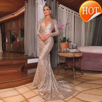 

Long Rose Elegant Gold Sequin Evening Party Dress Vestido De Festa Robe Long Sleeve Gowns Formal Party Dress Reflective Dress