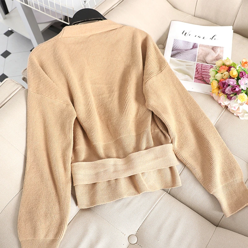 Autumn Women Sweater Korean New Fashion Grey/Beige/Khaki Cardigans With Belt Elegant Long Sleeve V-neck Knit Blouse Female