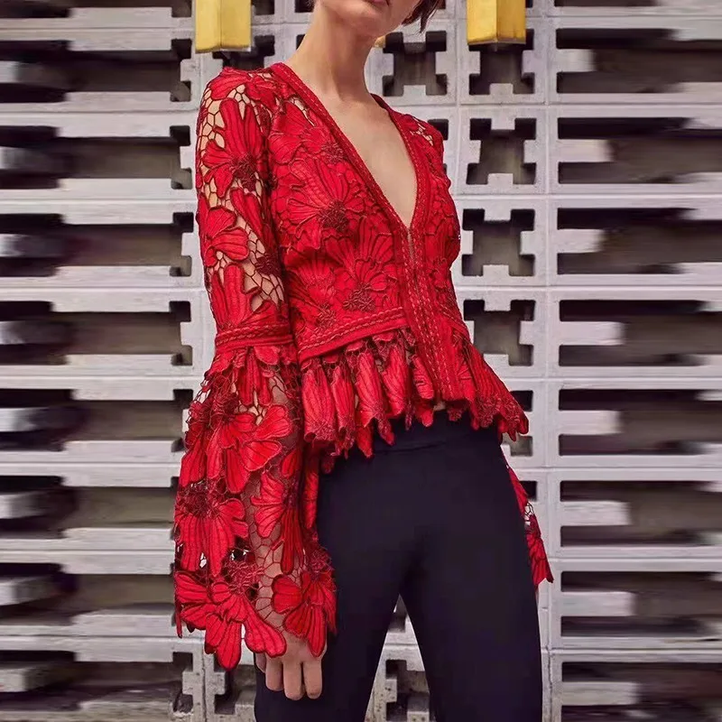 

2020 Designer Stylish Blouse Women Flare Sleeve V-neck Lace Embroidery Blouse Top Ruffles Sexy Hollow Out Office Lady Red Shirts