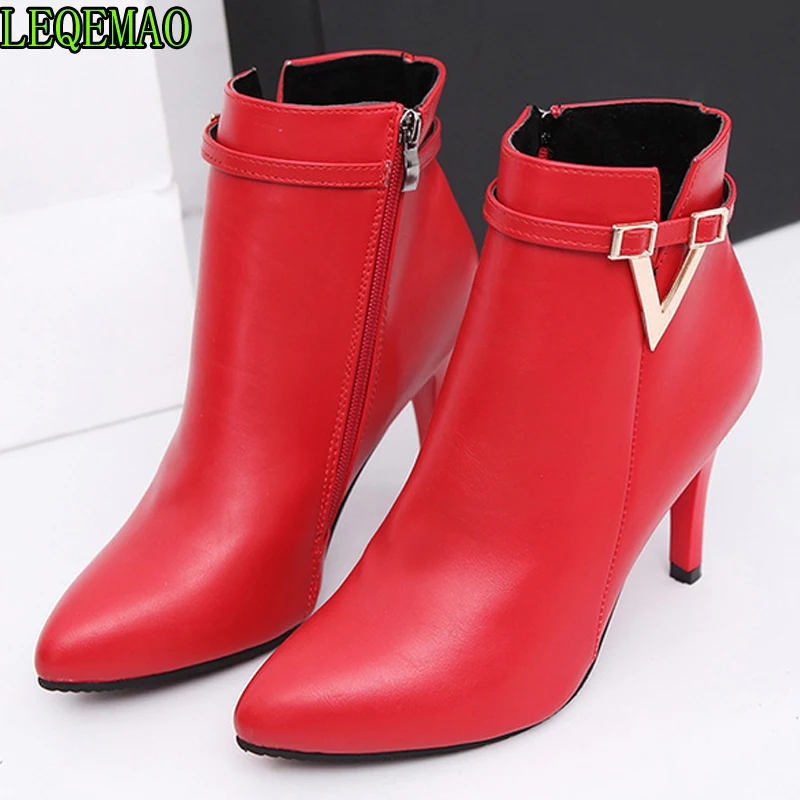 

Hot Autumn Stiletto Slim High Heels Zipper Style Sexy Women Boots Female Boot Pointed Toe Green Leather Ankle Boot