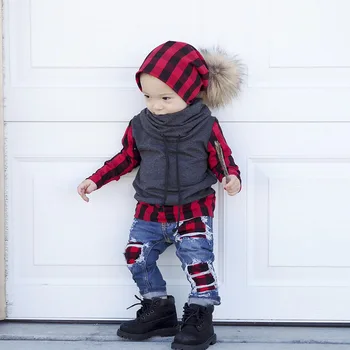 

2019 Winter Warm 2pcs Toddler Kids Baby Boy Plaid Tops Pullover T Shirt Denim Hole Hip Pop Jeans Pants Leggings Outfit Clothes